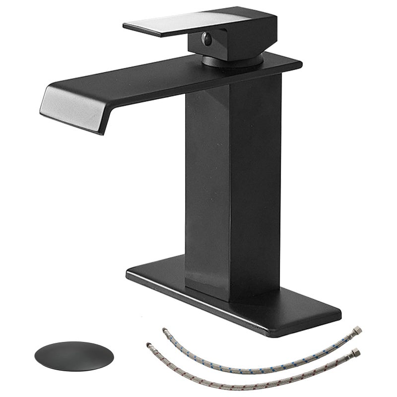 BWE Black Bathroom Faucet Modern Waterfall Matte Black Bathroom Sink Faucet Single Hole with Pop Up Drain Parts Spout Bath Lavatory Vanity Stopper Overflow and Supply Hose Single Handle - Image 1